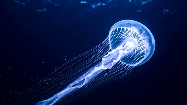 Luminescent Jellyfish Drifting in Dark Ocean Waters.