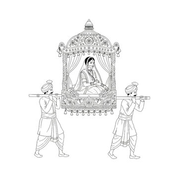 Indian bride in Doli &ndash; traditional wedding line art clipart