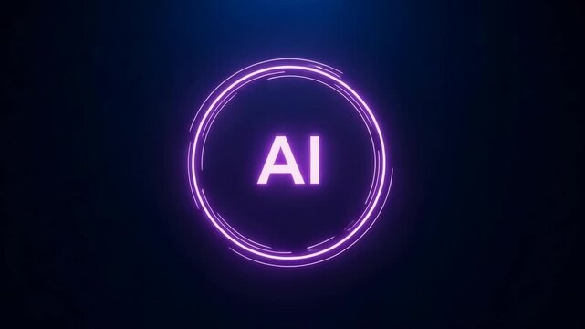Bright glowing AI text encircled by abstract neon light on dark background