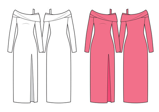 Shoulderless classic fit dress. Fashion sketch.