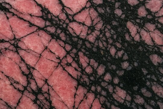 Close-up of pink and black rhodonite mineral with intricate veining texture