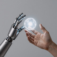 Fototapeta premium woodcut, striking image of a robot's metallic hand and human hand reaching towards a glowing energy sphere