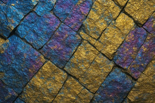 Macro texture of colorful chalcopyrite mineral with rainbow iridescent cracked surface