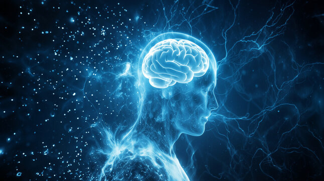 Human brain glowing inside translucent silhouette. Neural network and digital particles representing consciousness and intelligence.