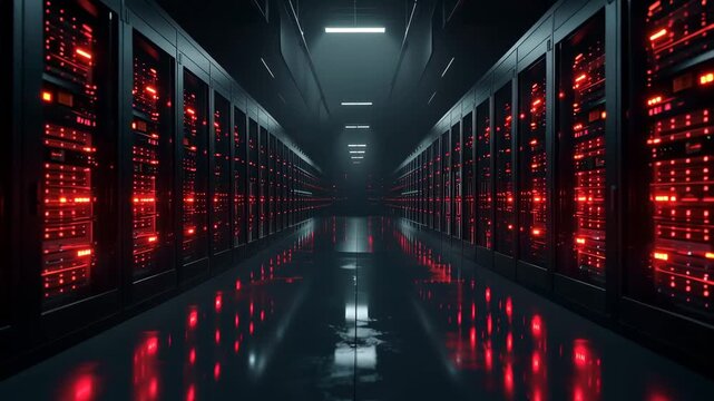 Critical System Failure and Cyber Attack Concept: Slow Camera Movement in a Dark Data Center with Flashing Red Emergency Lights