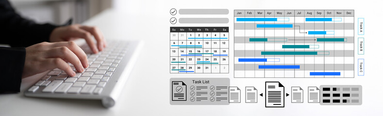 A professional business environment featuring a person using a keyboard alongside digital planning...