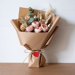 Beautiful bouquet of pink roses and dried flowers in craft paper wrapping with red heart wax seal on wooden table
