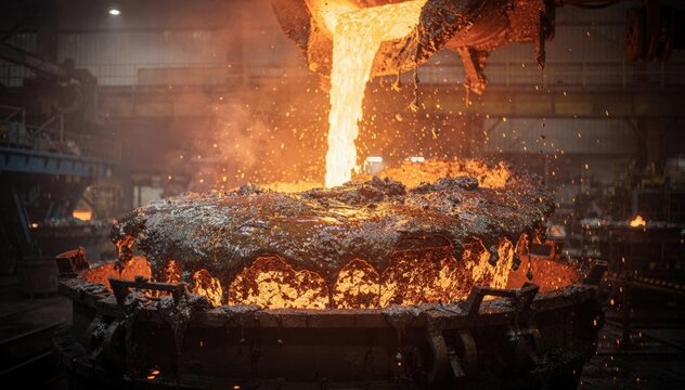 Slag removal process during molten steel tapping capturing slag separation in crisp detail with blurred furnace and ladle edges to highlight molten flow.