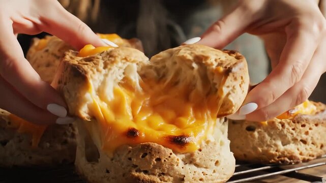 Close up of baked bread rolls with melted cheese steam rising selective focus