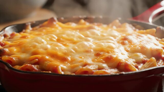 Close up of baked pasta with melted cheese in a cast iron pan