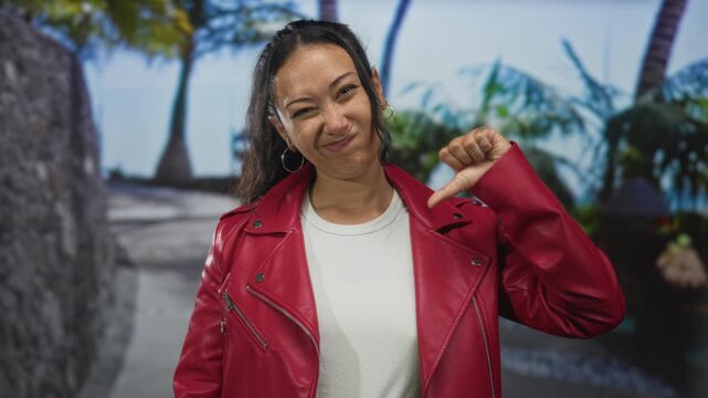 Young hispanic woman making thumbs down gesture on street in red leather jacket and white tee, facing camera; disapproval critique.