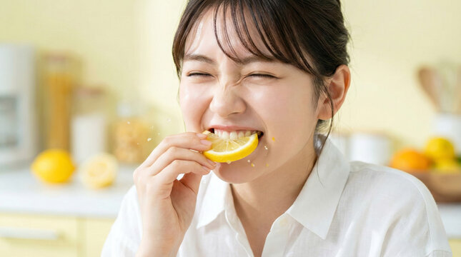明るいキッチンでレモンをかじり、酸っぱさに目を細める笑顔の女性