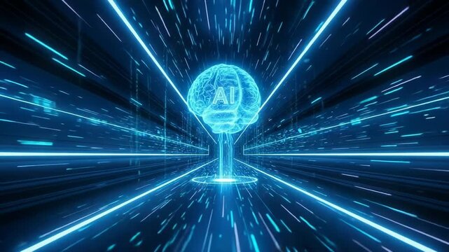 Abstract illustration of artificial intelligence concept with glowing brain in blue tones