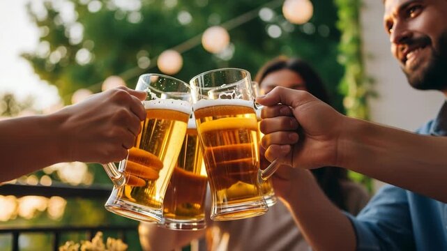 Close up of people celebrating by toasting beer glasses outdoors in golden light