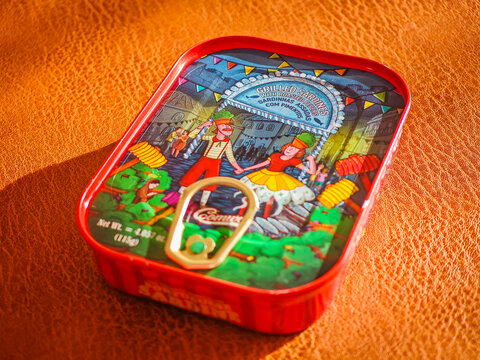 02 18 2026 - Libson, Portugal. Sardines in a can. Colorful can with sardines with pepper in oil. Canned sprats close up photo. Healthy meal concept. The Fantastic World of Portuguese Sardine