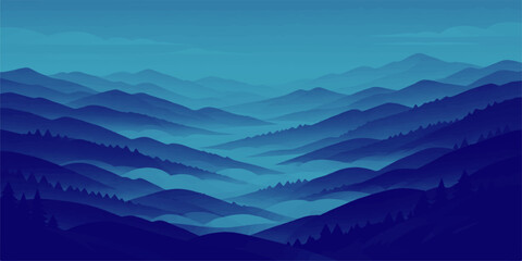 A majestic mountain landscape features snow-capped peaks and a misty forest valley under a vibrant sunrise sky where soft clouds drift over the tranquil blue alpine nature at dawn © PAGLAA