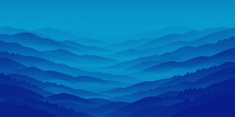 Fototapeta premium A majestic mountain peak rises above a misty valley at sunrise, where the golden horizon meets a blue sky filled with soft clouds over a vast forest landscape