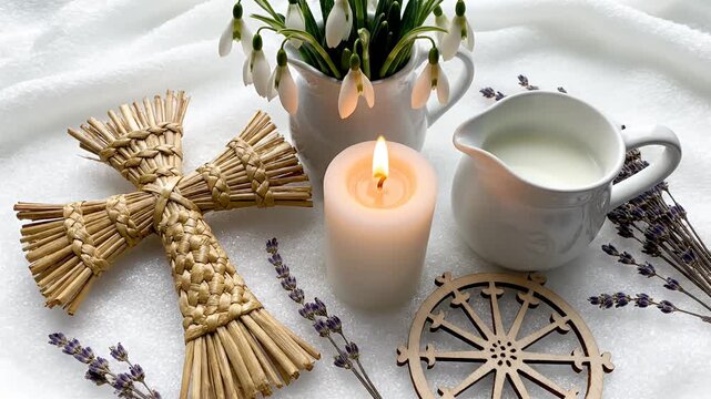 Straw Brigid's cross, candle, snowdrops, milk pitcher on white