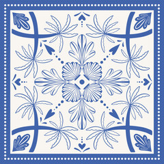 Hand drawn Mediterranean summer scarf print set. Decorative blue square composition with palm and shells. Vector illustration. © Iana