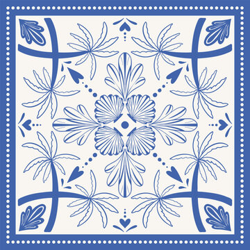 Hand drawn Mediterranean summer scarf print set. Decorative blue square composition with palm and shells. Vector illustration.