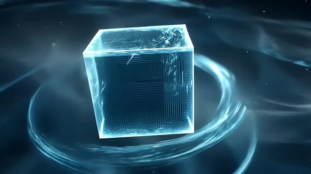 Elegant blue cube animation with glowing energy swirling around it for a futuristic abstract design