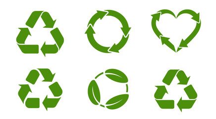 Obraz premium Green vector recycling symbols featuring classic circular arrows and heart shapes to represent environmental care, waste management, and organic lifestyle branding.