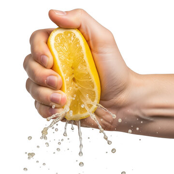 A person squeezing a ripe lemon with juice droplets flying out.