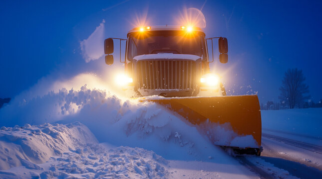 Heavy snowplow truck clearing road during blizzard at night. Winter maintenance vehicle with bright headlights and orange warning lights removing deep snow from highway.