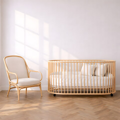 Neutral Nursery Wall Mockup with Dresser and Soft Light Shadow in Scandinavian Interior