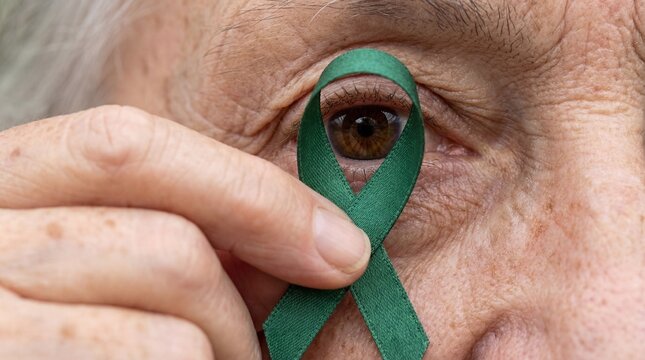 Extreme close-up of an elderly person's blue eye framed by a green awareness ribbon. Symbolic image for senior eye health, glaucoma awareness, and age-related vision care.