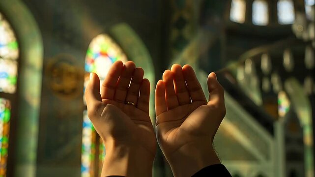 Two cupped hands raised in prayer inside a church sanctuary

