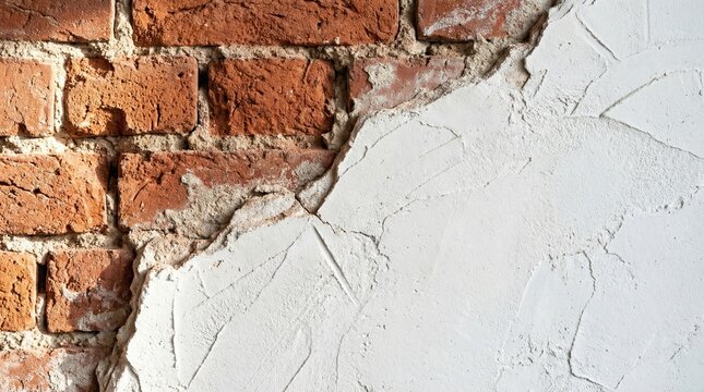 Old brick wall with cracked white plaster texture background
