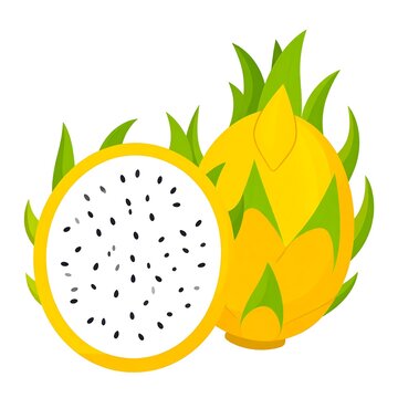 A yellow dragon fruit, one whole and one sliced, reveals white flesh with black seeds and green leaf-like extensions