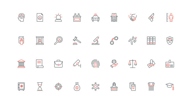 Legal system and justice, judge and jury judgement in court, prison and arrest of criminal line icon set. Law authority, police, documents thin black and red outline symbols vector illustration