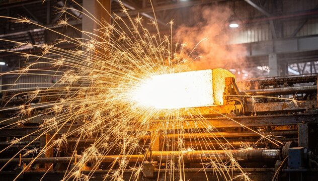 Focused on searing billet advancing toward an automated shear heavy sparks fly vividly contrasted by the soft blur of the factorys metallic environment.
