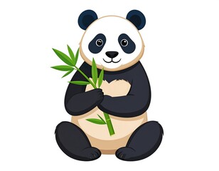 Obraz premium Cartoon panda sitting, clutching green bamboo shoots, with black & white fur and a sweet, cartoonish face
