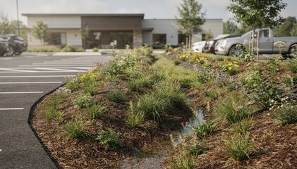 Plakat Focused medium shot of community center retrofit showcasing contrasting impermeable and permeable parking zones with thriving vegetation in swales for enhanced drainage.