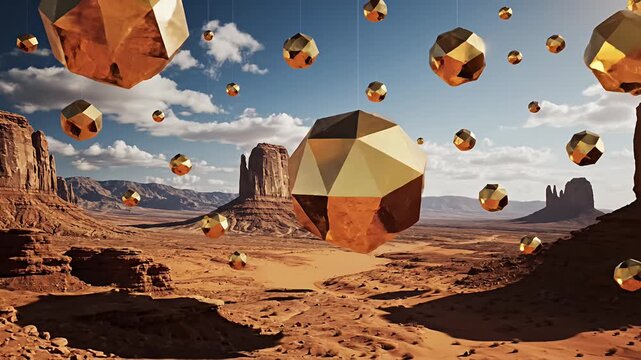 Surreal golden polyhedrons suspended above a vast desert landscape