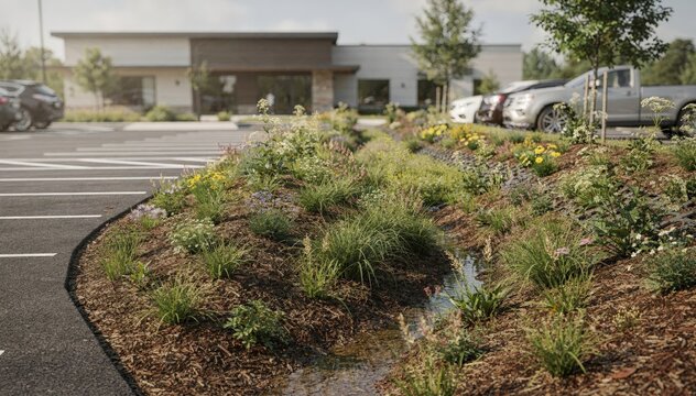 Focused medium shot of community center retrofit showcasing contrasting impermeable and permeable parking zones with thriving vegetation in swales for enhanced drainage.