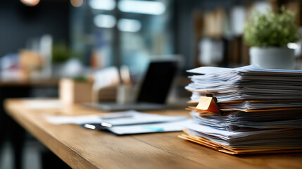 Workplace in office showing stacks of paper files and documents in folders behind desk document flow and work process organization administrative workflow office management def