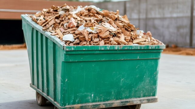 Construction Debris Skip Bin, A full, green, roll-off dumpster overflowing with assorted building materials, including wood, brick and white debris, in a close-up outdoor shot. Waste