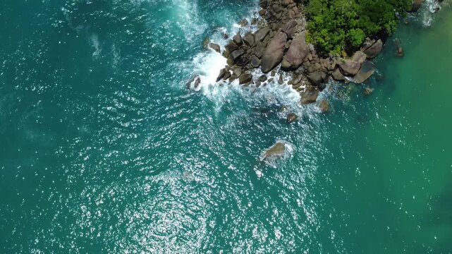 Drone Aerial View of Praia das Conchas in Ubatuba Brazil &ndash; Rocky Tropical Coastline