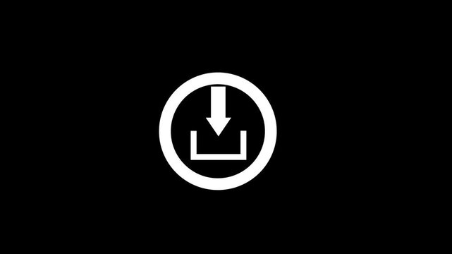 White Download Icon Animation with Arrow Pointing Down into Tray on Black Background - High-Quality Minimalist Digital Interface Symbol for Software Updates, Data Loading, and File Saving Concepts.
