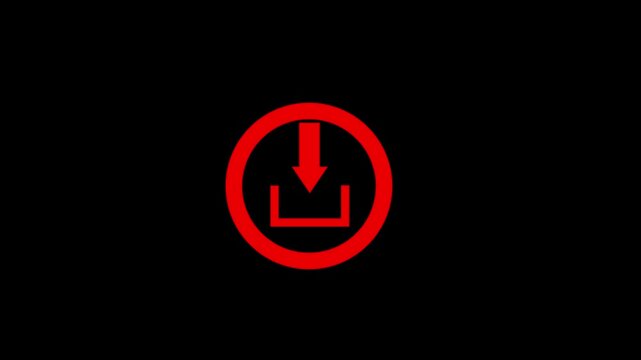 Red Download Icon Animation with Arrow Pointing Down into Tray on Black Background - High-Quality Minimalist Digital Interface Symbol for Software Updates, Data Loading, and File Saving Concepts.