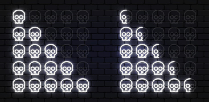 Neon skull rating scale with glowing white icons on dark brick. Edgy design expresses danger or difficulty levels. Suitable for horror themes, gaming interfaces, or bold concepts.