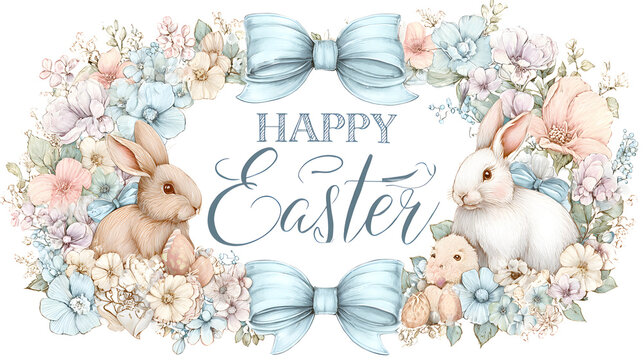 easter circular sticker with pastel colors, floral wreath design featuring bunnies and blue bows around the edges, large text "Happy Easter" in an elegant script font centered on top of the ribbon,