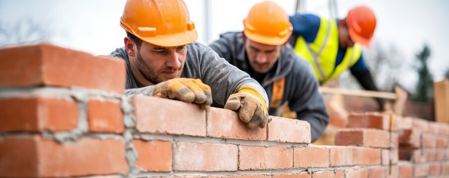 Focused Construction Three bricklayers in orange hard hats and work gloves build a brick wall, concept of teamwork and skilled labor, Construction, Labor, Teamwork