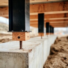Foundation Support Steel beams on wooden blocks atop a concrete foundation, creating a strong structural base. Construction, Infrastructure