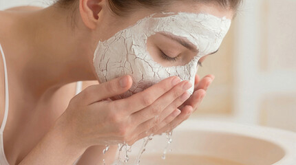 Naklejka premium Woman washing off white clay mask with water over sink. Skincare routine and facial treatment for healthy skin.