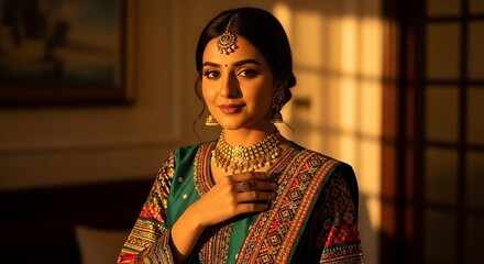 Woman in traditional attire posing elegantly in a softly lit room with intricate jewelry and ornate clothing.